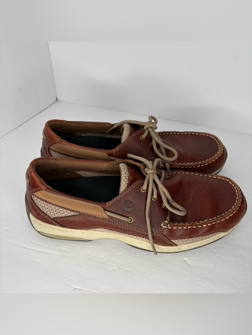 Dunham Men's Brown Leather/Mesh Boat Shoes Round Toe Lace-Up Cushioned Size 9.5